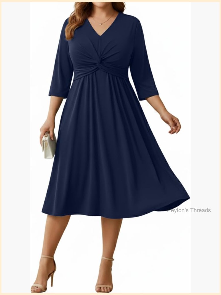 Women's Plus Size Twist Knot V-Neck 3/4 Sleeve A-Line Midi Dress
